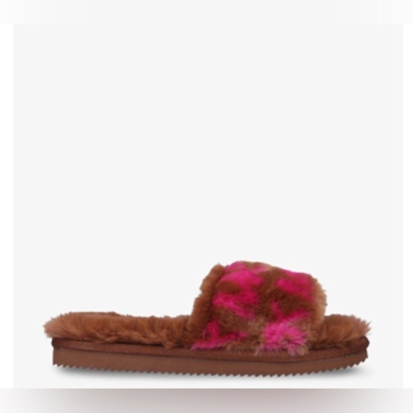 MICHAEL KORS Janis logo‎ brown & pink logo faux-fur platform slides size 10 new - Picture 5 of 5